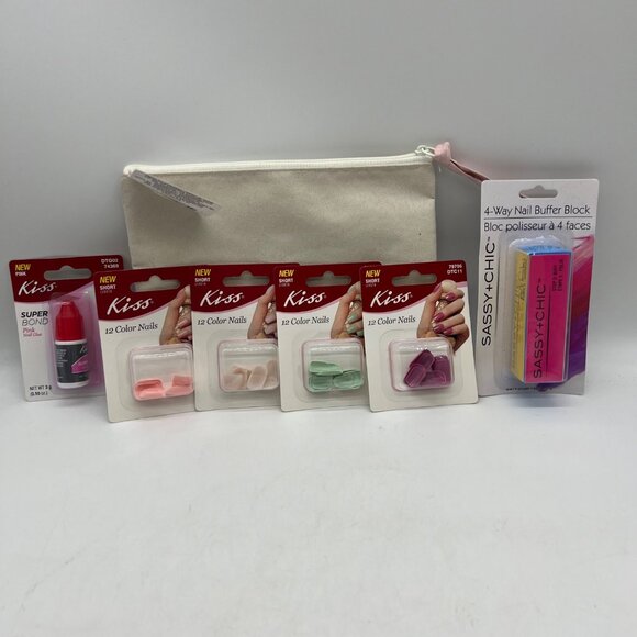 Kiss Glue on Nails Cosmetic Bag Cream Pink Nail File Lot of 7 NEW - Picture 5 of 10